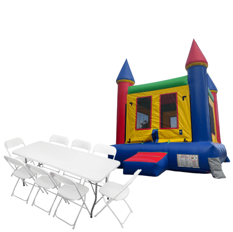 Multicolor Bounce House + 3 Tables & 18 Chairs Bundle